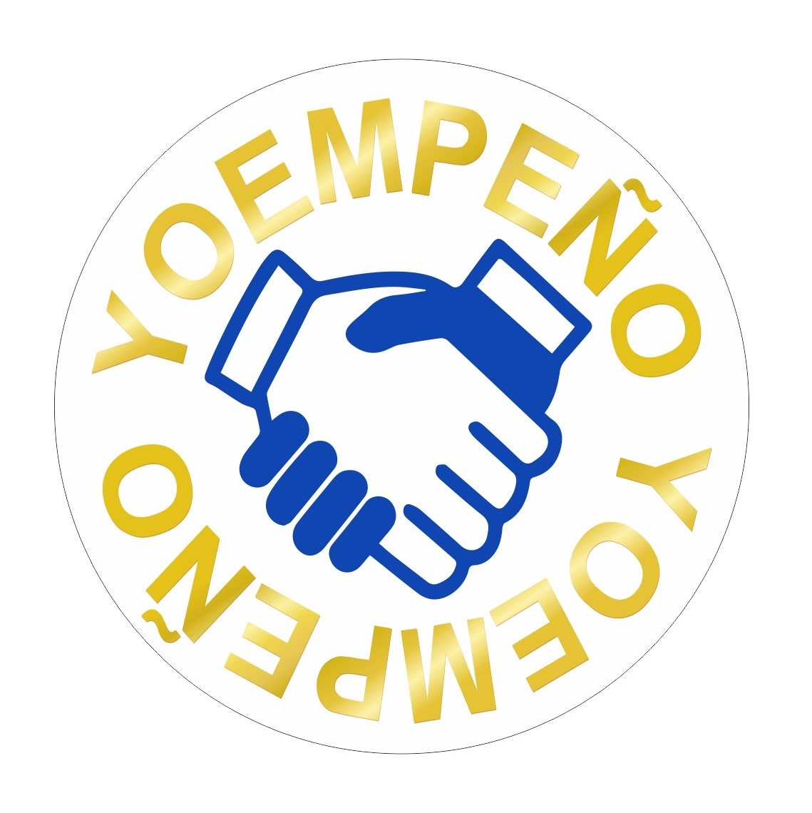 Icono de un apretón de manos rodeado de letras doradas donde pone "YO EMPEÑO"
